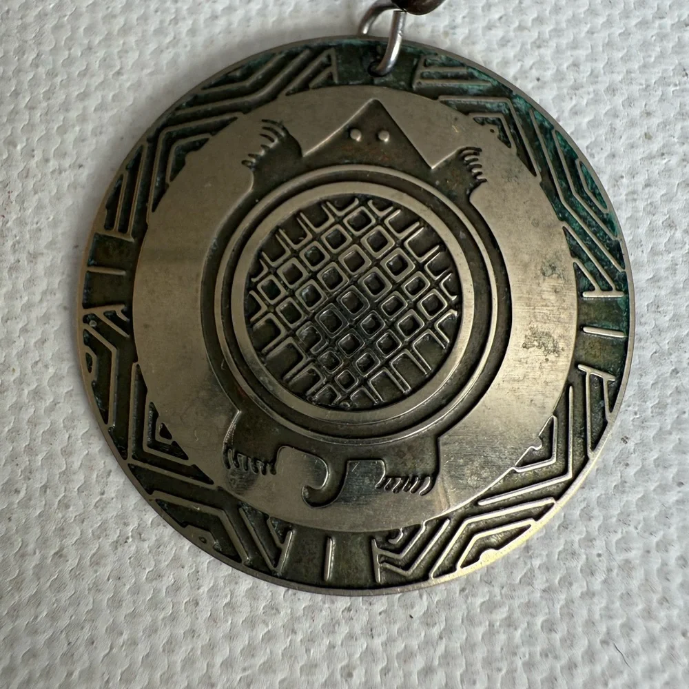 Circular Silver Tone Dangle Earrings with Turtle Etched Design - Picture 5 of 7